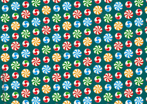 Seamless pattern with Christmas peppermint swirl candies. Festive holiday backdrop, ideal for fabric, kids’ clothing, and seasonal print designs. Vector illustration.