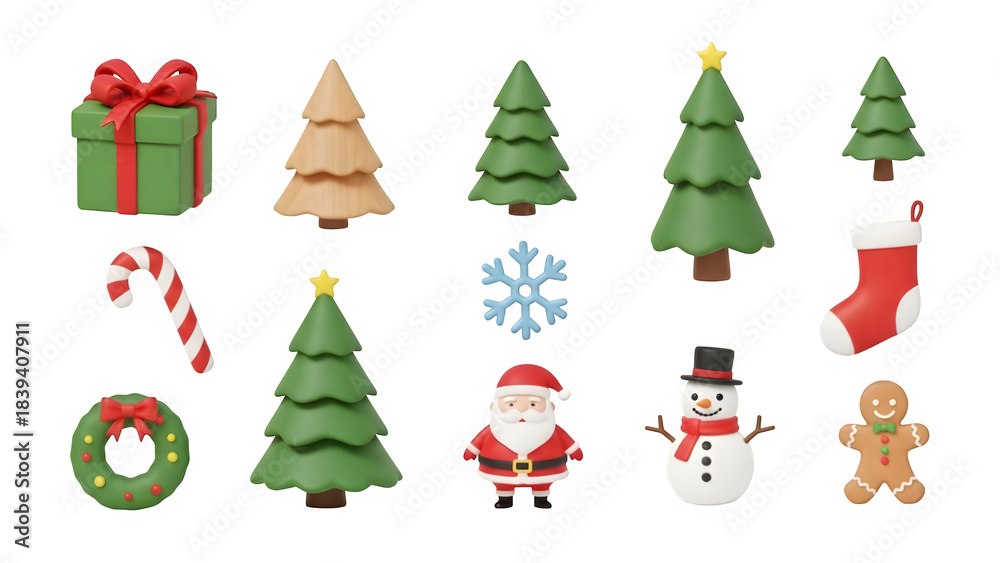 Naklejka premium Festive collection of christmas icons including trees gifts santa snowman and decorations isolated on transparent background