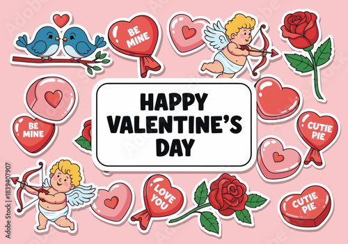 A delightful collection of charming love-themed illustrations, featuring sweet romantic symbols and adorable characters perfect for Valentine's Day celebrations and affectionate greetings