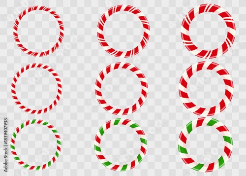 Set of realistic circular frames with a glossy red-and-white candy cane pattern. Festive holiday borders ideal for creating Christmas wreaths, labels, greeting cards, and seasonal designs.