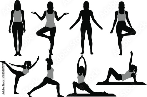 Silhouette collection of women practicing various yoga poses and stretching