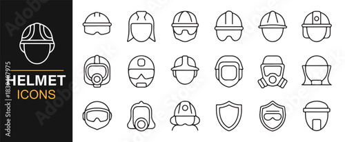 Minimalist vector icons representing construction helmets, protective headgear, and safety equipment