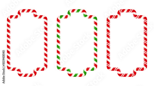Set of rectangular candy cane frames with seamless Christmas stripes. Festive red and white borders perfect for holiday cards, invitations, banners, and winter-themed designs.