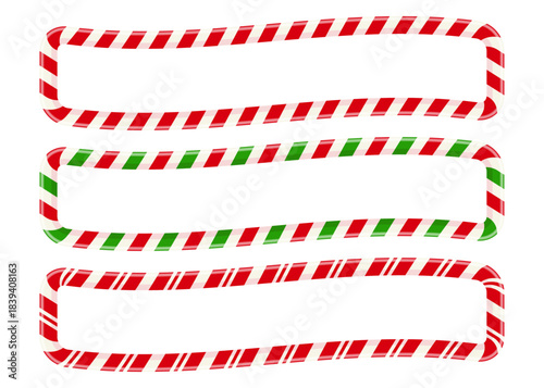 Set of three rectangular Christmas candy cane frames with red, green, and white stripes. Festive holiday borders perfect for greeting cards, banners