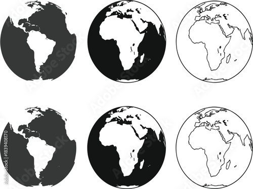 Global earth map vector icons showing continents in solid and outline styles for geography, travel, environment and worldwide concepts