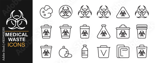 Professional icon bundle depicting healthcare waste bins, biohazard symbols, and toxic warnings