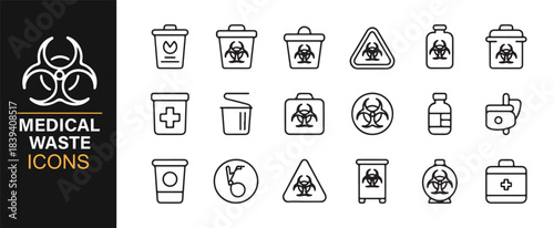Vector illustration set of hazardous medical materials, disposal equipment, and safety signage