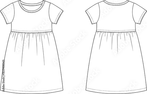 Technical fashion illustration of short-sleeved gathered midi dress with round neckline, flared hemline, front and back views, garment sketch