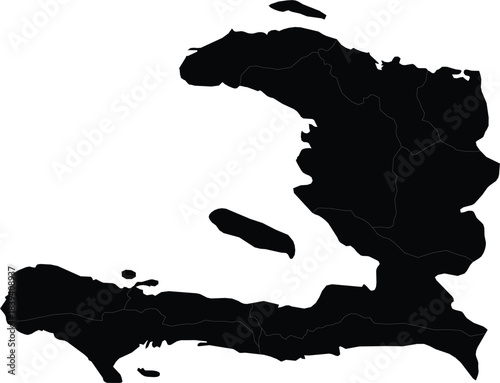 Black silhouette map of Haiti showing country borders and administrative divisions isolated on white background for design
