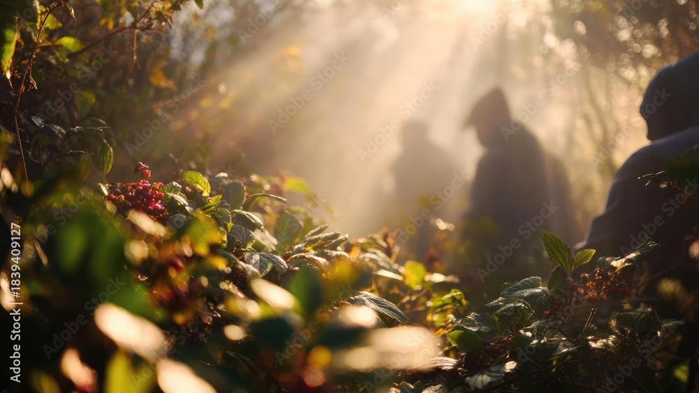 Obraz premium Red berries on glossy green bushes bathed in warm morning light, with silhouettes of people in a misty garden. Concept Misty garden silhouettes at dawn, Warm morning light on red berries