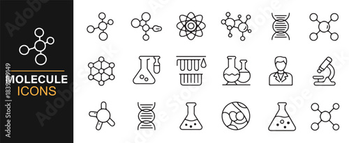 Simple outline icons of chemical science tools, molecular models, and atomic formations