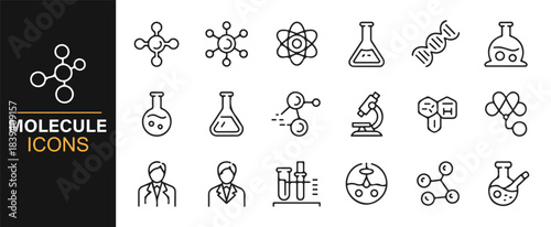Laboratory-focused icon collection including flasks, tubes, microscopes, and molecular diagrams