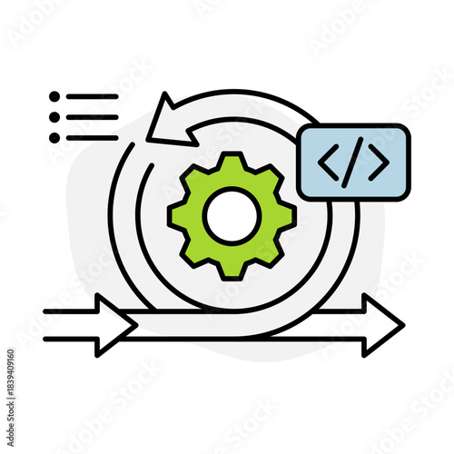 Agile Development Icon, Gear with AI Chip, Iterative Project Management, Fast-Paced Development - Efficiency & Flexibility, Editable Stroke.
