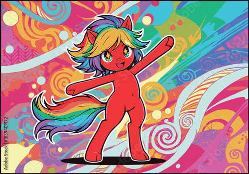 Vibrant Red Pony with Rainbow Mane and Tail Dancing Against a Psychedelic Background