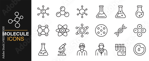 Detailed line icons of molecular structures, compounds, and educational chemistry elements