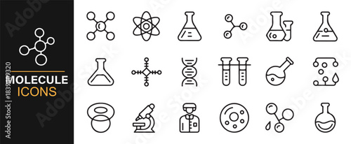 Modern science icon bundle featuring molecules, chemical tools, test tubes, and microscopes