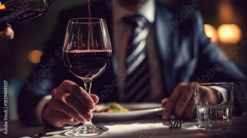 Hand pouring red wine into a glass at an elegant dinner with dim lighting