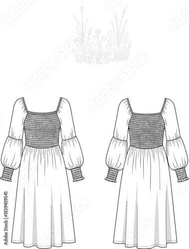 Technical fashion illustration of smocked midi dress with square neckline, puff sleeves, gathered cuffs, front and back views, garment sketch