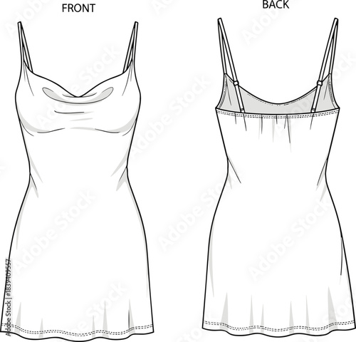 Technical fashion illustration of spaghetti strap dress with cowl neckline, scoop back, fitted silhouette, front and back views, garment sketch