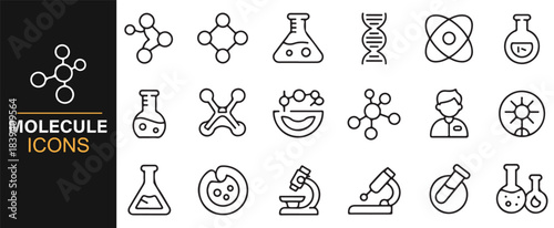Clean line-art collection of molecule diagrams, science equipment, and laboratory symbols