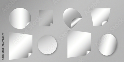 Curled page corner with shadow on transparent background collection. Blank transparent round and square adhesive stickers mock up with curved corner. Empty circle and quadratic sticky label mockup.
