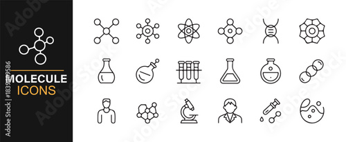 Minimal vector icons representing atoms, chemical reactions, flasks, microscopes, and lab elements