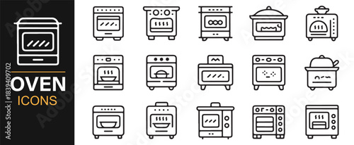Modern outline vector icon set of ovens, stoves, microwaves, and kitchen cooking appliances