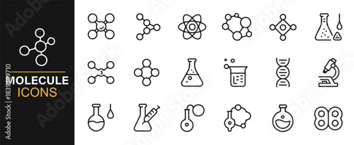 Scientific outline icon set of molecules, atomic structures, lab tools, and chemistry symbols