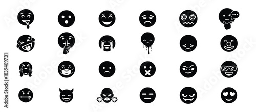 Emoji icon set. Including happy emotion, sad, smiling, surprised, angry, relaxed, confused, laughing, excited and shocked emoticon icons. Silhouette vector illustration