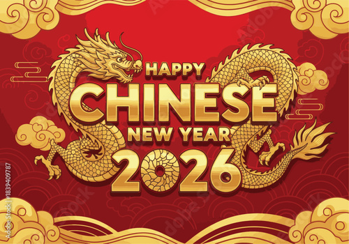 Wallpaper Mural Happy Chinese New Year 2026 celebration featuring majestic golden dragons and traditional oriental clouds on a vibrant red background, perfect for festive greetings Torontodigital.ca