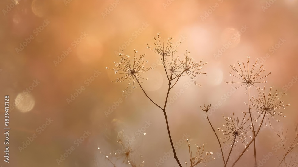 Fototapeta premium Delicate dried wildflower umbels on slender stems, tiny seeds at the tips, glowing in warm golden light. Concept Delicate Wildflowers, Golden Hour Glow, Dried Botanicals, Ethereal Still Life