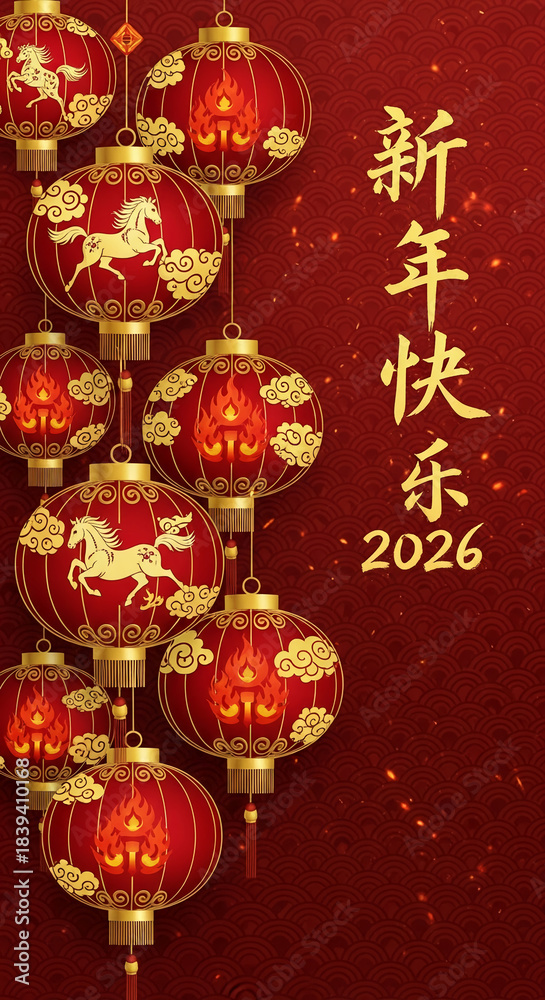 Fototapeta premium Red lantern with gold horse and cloud ornament, with Chinese text, symbolizing festivity and celebration, for the year 2026, for New Year concept