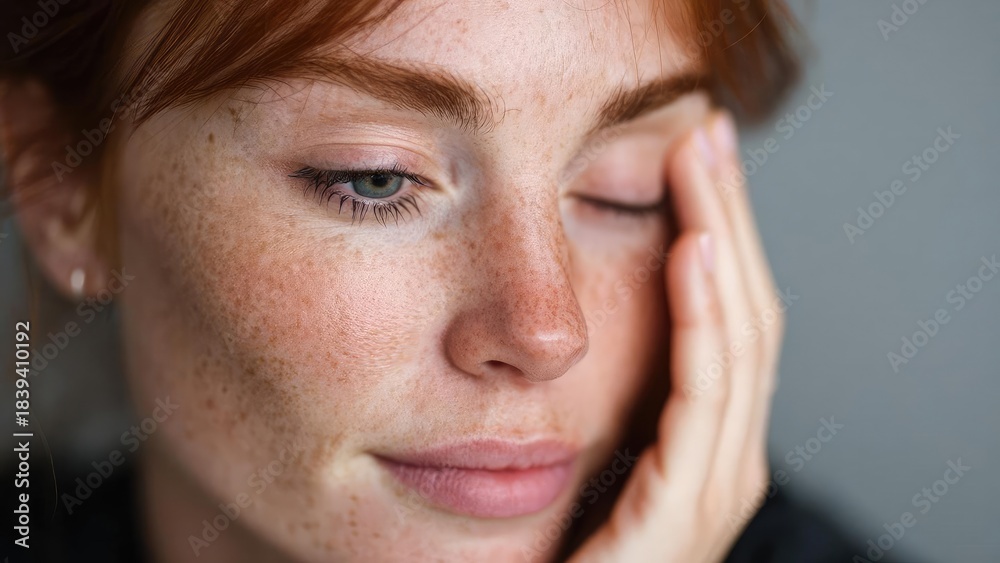 Fototapeta premium Close-up of a freckled face with red hair, eyes closed, hands resting against the cheek. Concept Freckled red-haired close-up portrait, Eyes closed calm expression, Hands on cheeks