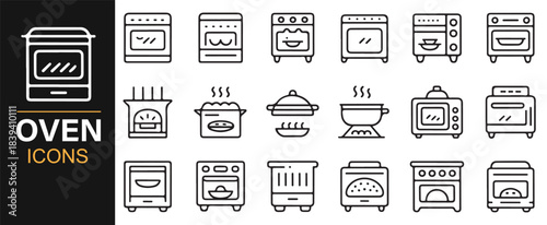 Kitchen appliance icon set featuring stoves, microwaves, ovens, burners, and heating elements