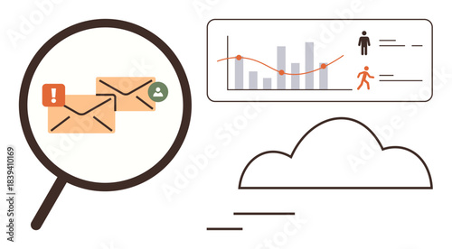 Magnifying glass focusing on emails with alert, user icon, analytics dashboard, and cloud element. Ideal for email management, data analysis, cloud-based solutions, communication, digital strategy