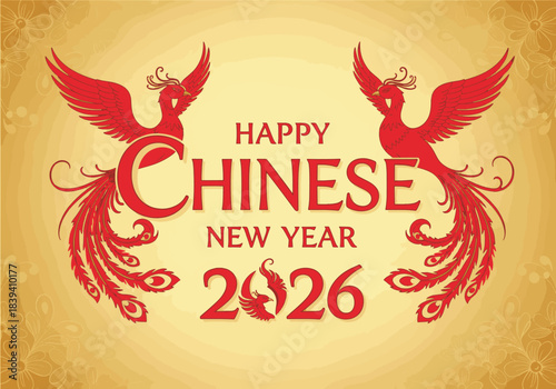 Wallpaper Mural Happy Chinese New Year 2026 with two majestic red phoenixes on a golden textured background celebrating the upcoming lunar new year festival Torontodigital.ca