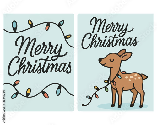 Funny cartoon Christmas greeting card vector illustration with a happy reindeer and Santa Claus celebrating the winter holiday