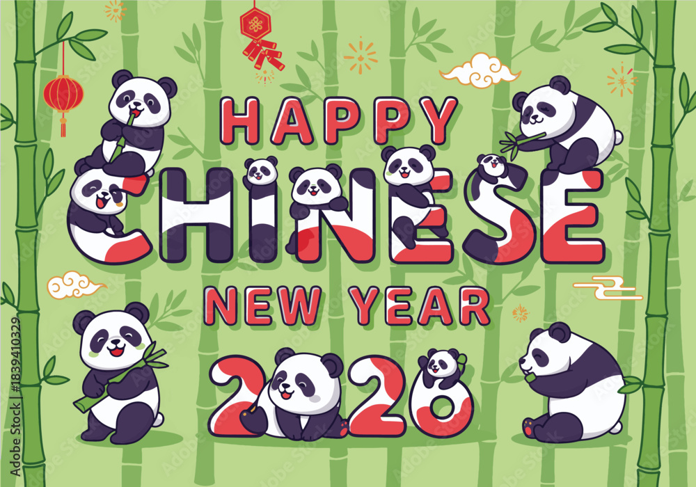 Fototapeta premium Adorable pandas celebrate the festive Chinese New Year 2020 surrounded by vibrant bamboo and traditional decorations, spreading joy and good fortune