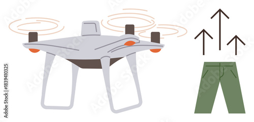 quadcopter flying with spinning propellers beside pants and upward arrows symbolizing innovative delivery, automation, and efficiency. Ideal for technology, e-commerce, shipping, logistics