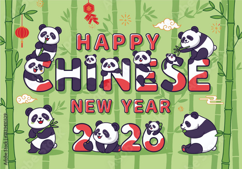 Adorable pandas celebrate the festive Chinese New Year 2020 surrounded by vibrant bamboo and traditional decorations, spreading joy and good fortune