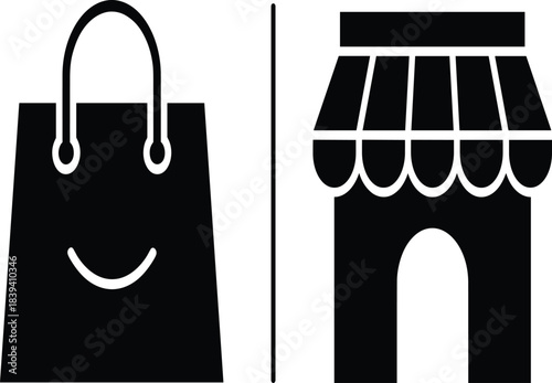 Minimal shopping bag and storefront vector icons representing retail shop, purchase symbol, e-commerce market and commercial business design
