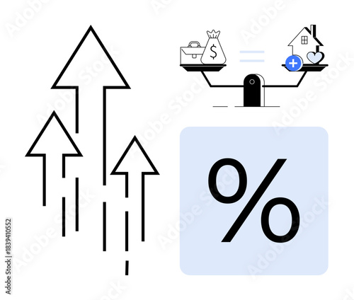 Interest rates concept. Interest rate with financial growth arrows, percentage sign, and balance scale. Interest rates affecting money, housing, and health priorities. For economics, finance