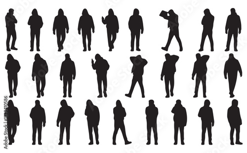 Hooded man silhouette set casual urban street style vector graphics