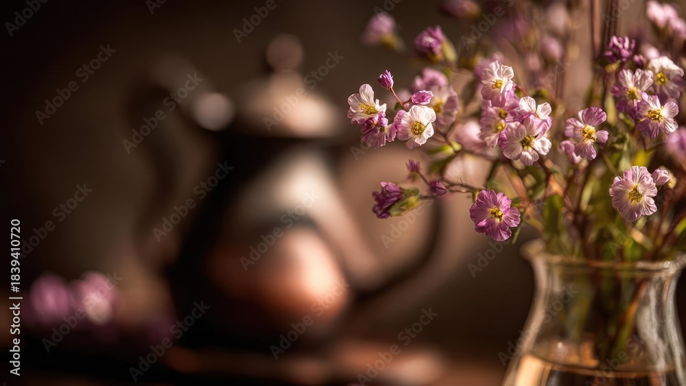 Fototapeta premium Pink and purple small flowers in a glass vase on a wooden table, with a soft, blurred background. Concept Soft focus background, Pink and purple flowers, Glass vase details, Wooden table texture
