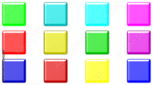 A grid of twelve glossy, colorful square buttons or tiles, each displaying a different vibrant hue, arranged in a neat 3x4 pattern.