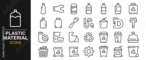 Outline vector illustrations of plastic items, disposal containers, and eco-friendly recycling concepts