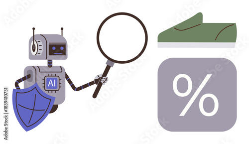 Robot holding magnifying glass and shield reviewing product, percentage icon, and shoe. Ideal for AI, ecommerce, research, security, product evaluation discounts data analysis. Simple flat metaphor