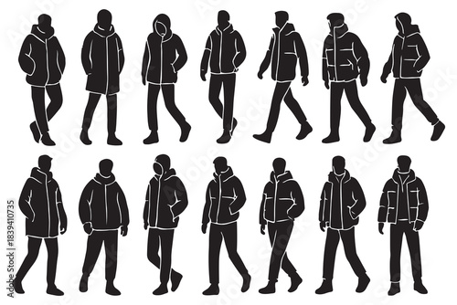 Walking man silhouette set in casual hooded winter jacket vector poses