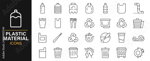 Plastic material themed icons for sustainability, waste sorting, recycling, and environmental design