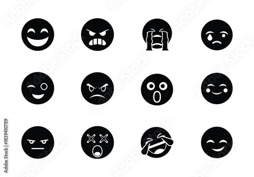 Emoji icon set. Including happy emotion, sad, smiling, surprised, angry, relaxed, confused, laughing, excited and shocked emoticon icons. Silhouette vector illustration